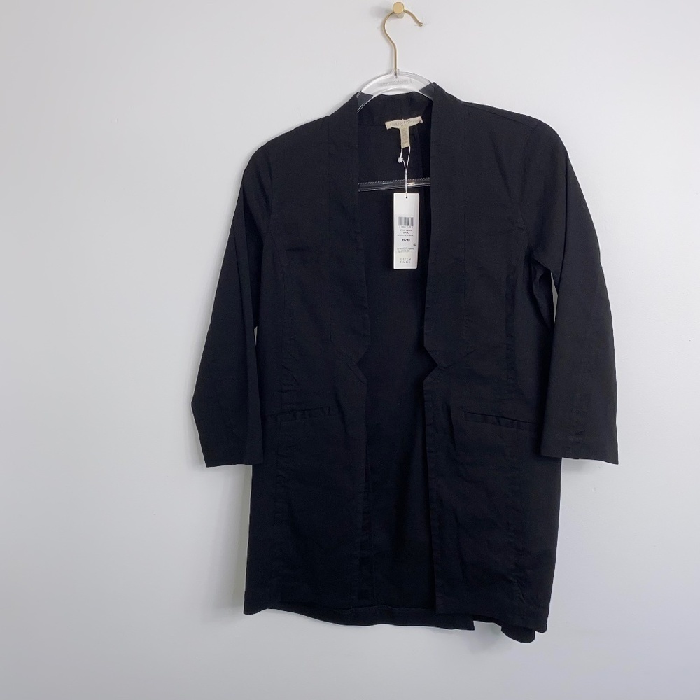 eileen fisher Black Open Front Organic Linen Viscose Stretch Jacket Sz Petite SM